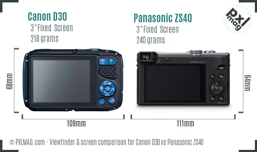 Canon D30 vs Panasonic ZS40 Screen and Viewfinder comparison