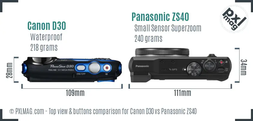 Canon D30 vs Panasonic ZS40 top view buttons comparison