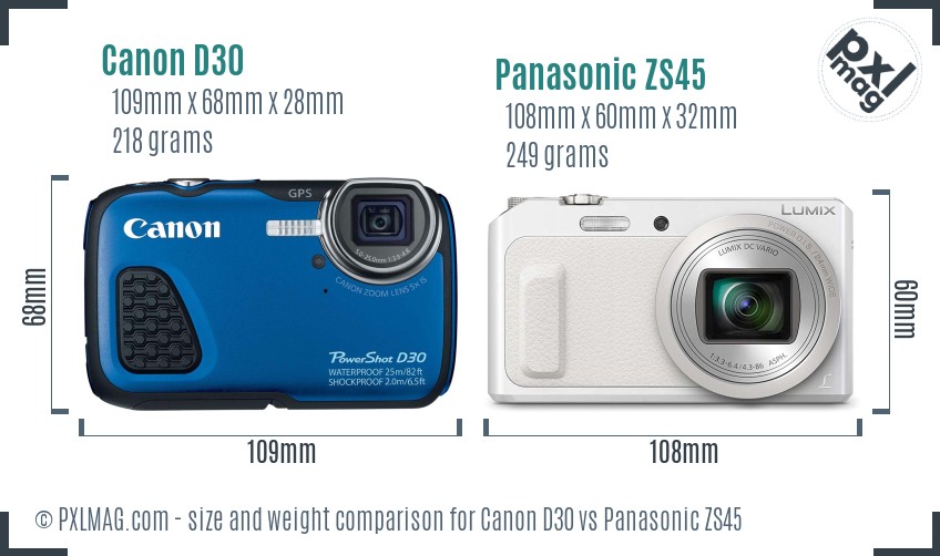 Canon D30 vs Panasonic ZS45 size comparison