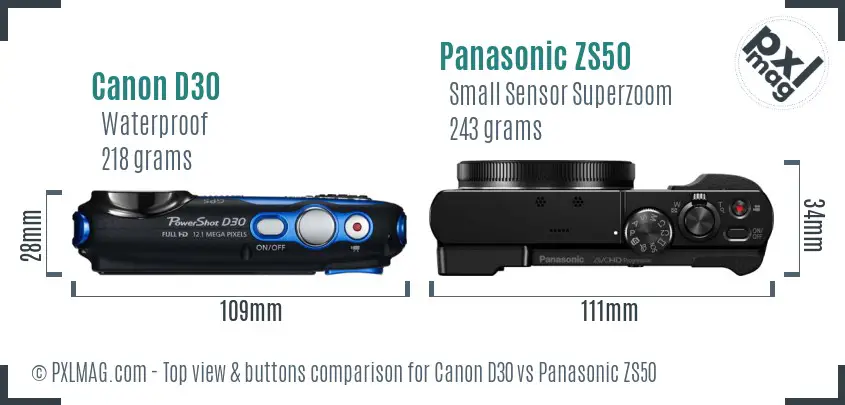 Canon D30 vs Panasonic ZS50 top view buttons comparison Canon D30 vs Panasonic ZS50 top view buttons comparison