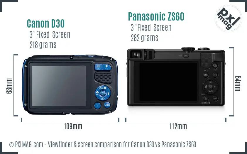 Canon D30 vs Panasonic ZS60 Screen and Viewfinder comparison