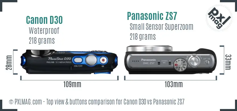 Canon D30 vs Panasonic ZS7 top view buttons comparison