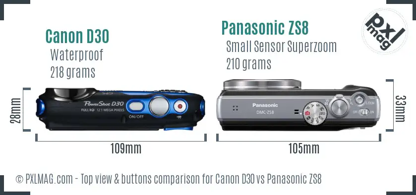 Canon D30 vs Panasonic ZS8 top view buttons comparison Canon D30 vs Panasonic ZS8 top view buttons comparison