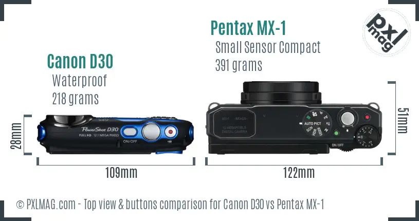 Canon D30 vs Pentax MX-1 top view buttons comparison