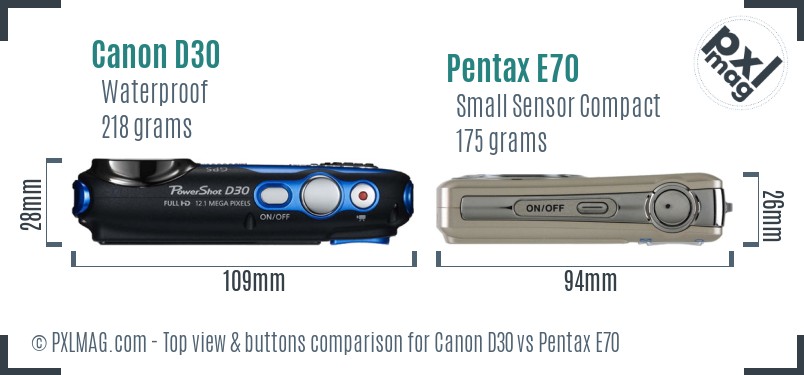 Canon D30 vs Pentax E70 top view buttons comparison