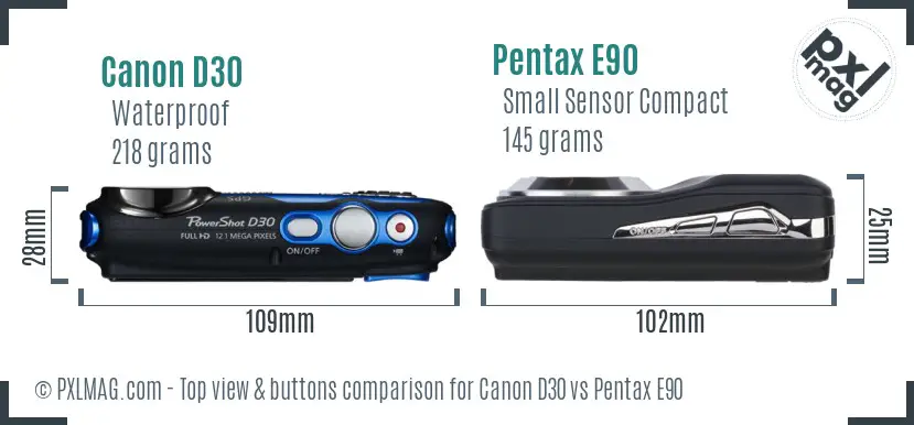Canon D30 vs Pentax E90 top view buttons comparison