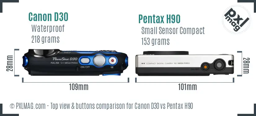Canon D30 vs Pentax H90 top view buttons comparison