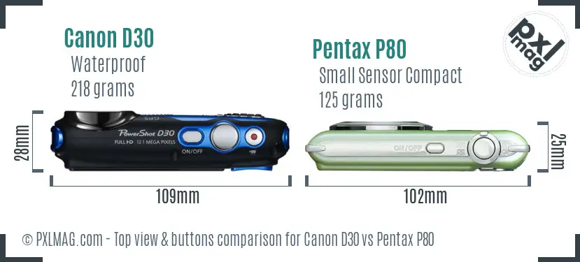 Canon D30 vs Pentax P80 top view buttons comparison
