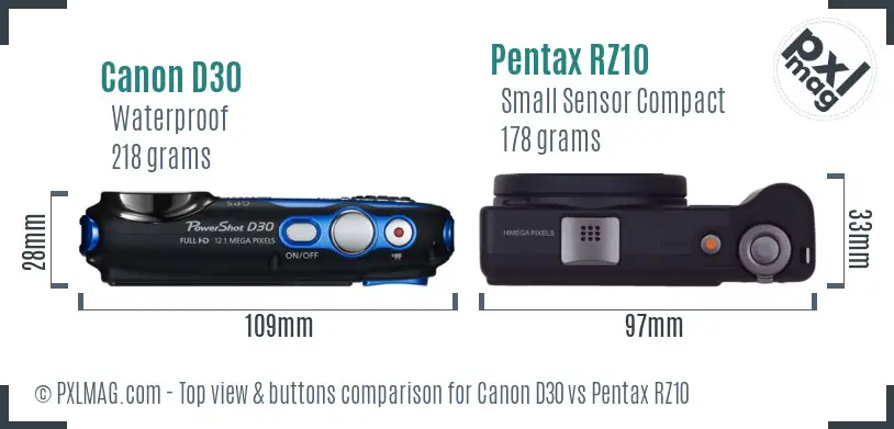 Canon D30 vs Pentax RZ10 top view buttons comparison