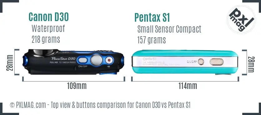 Canon D30 vs Pentax S1 top view buttons comparison