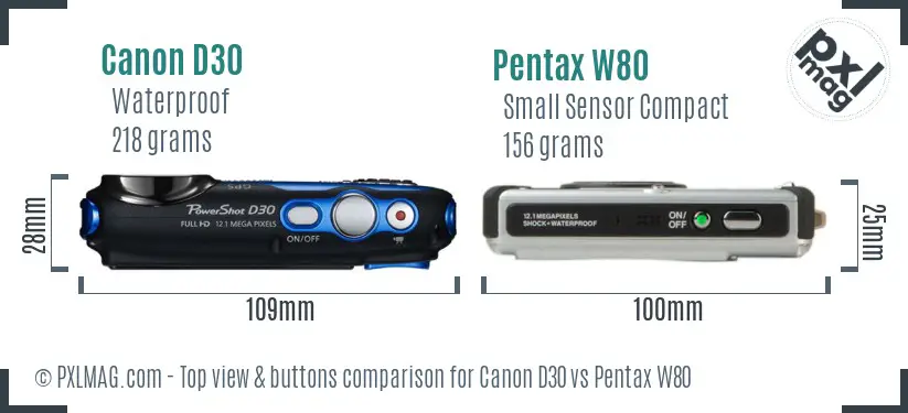 Canon D30 vs Pentax W80 top view buttons comparison