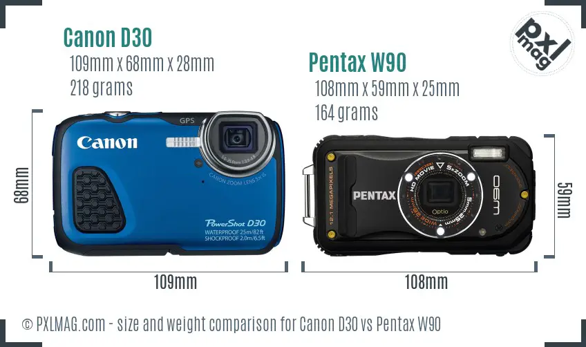 Canon D30 vs Pentax W90 size comparison