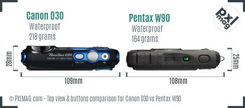 Canon D30 vs Pentax W90 top view buttons comparison