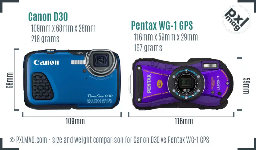 Canon D30 vs Pentax WG-1 GPS size comparison