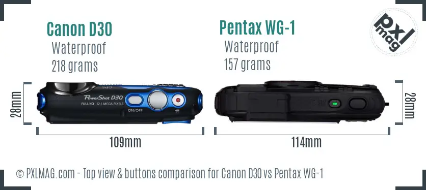 Canon D30 vs Pentax WG-1 top view buttons comparison