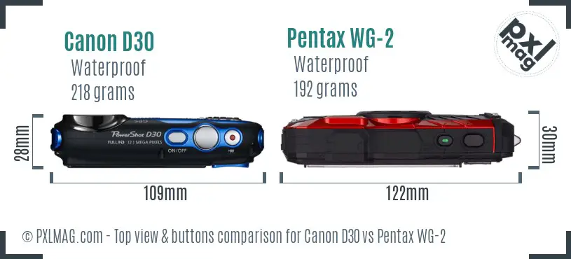 Canon D30 vs Pentax WG-2 top view buttons comparison Canon D30 vs Pentax WG-2 top view buttons comparison