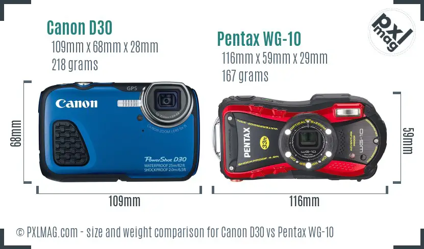 Canon D30 vs Pentax WG-10 size comparison