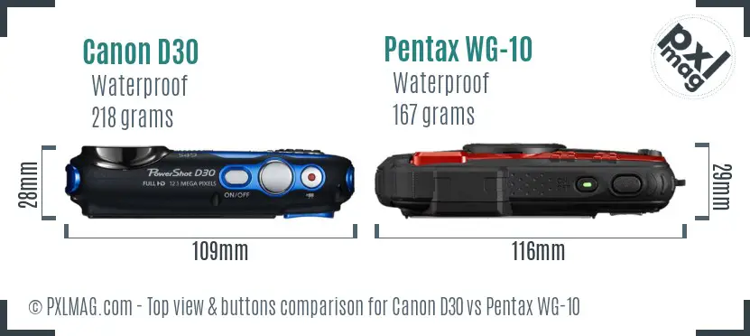 Canon D30 vs Pentax WG-10 top view buttons comparison