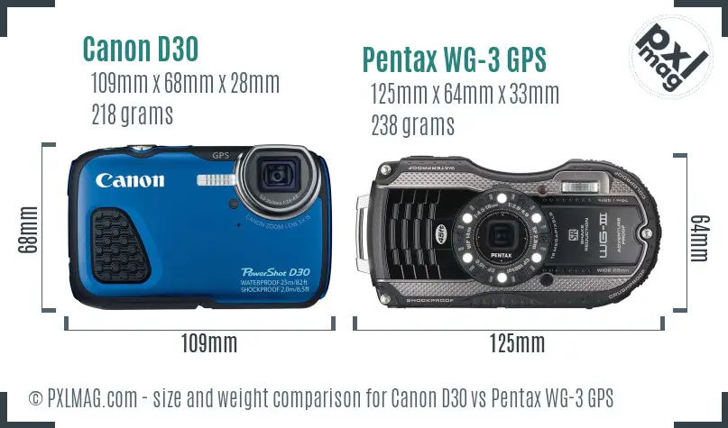 Canon D30 vs Pentax WG-3 GPS size comparison
