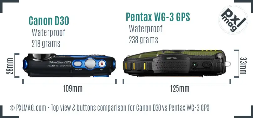 Canon D30 vs Pentax WG-3 GPS top view buttons comparison
