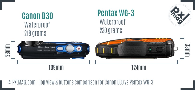 Canon D30 vs Pentax WG-3 top view buttons comparison