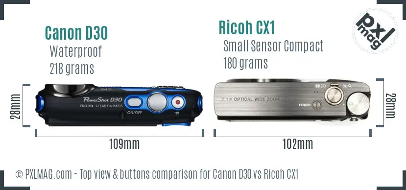 Canon D30 vs Ricoh CX1 top view buttons comparison