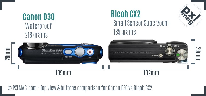 Canon D30 vs Ricoh CX2 top view buttons comparison