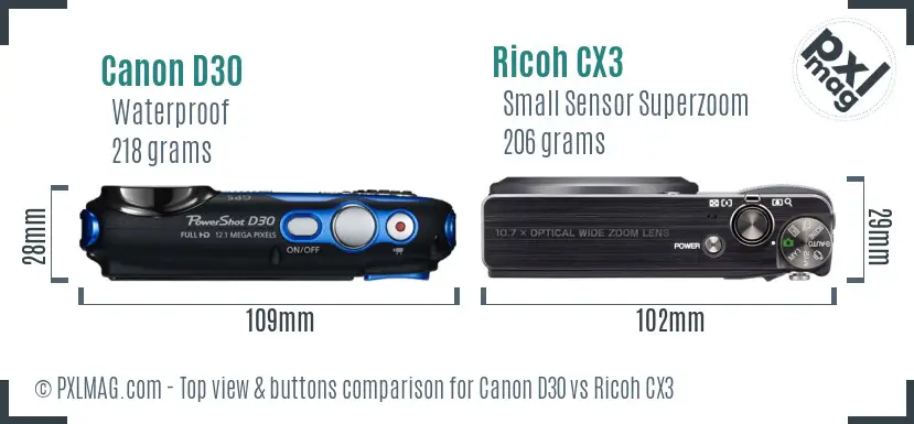 Canon D30 vs Ricoh CX3 top view buttons comparison