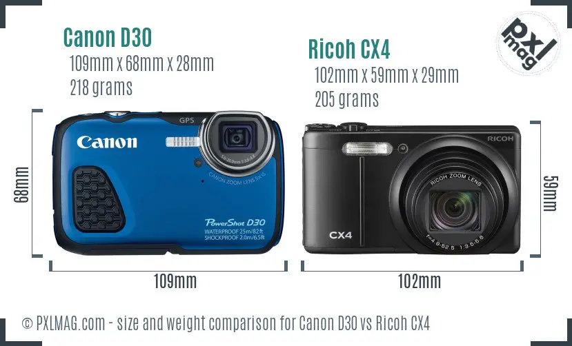 Canon D30 vs Ricoh CX4 size comparison