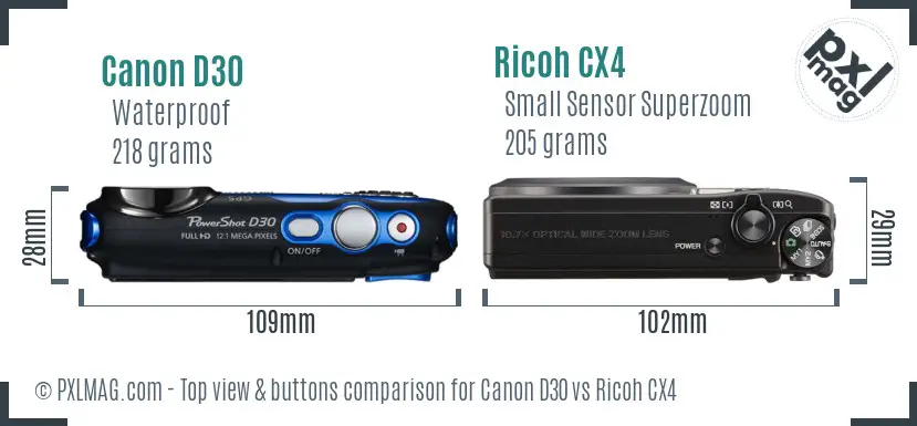 Canon D30 vs Ricoh CX4 top view buttons comparison