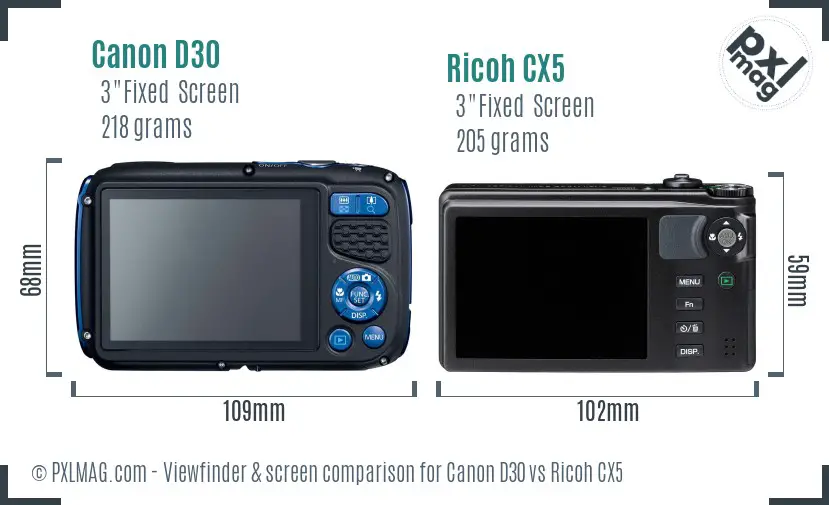 Canon D30 vs Ricoh CX5 Screen and Viewfinder comparison
