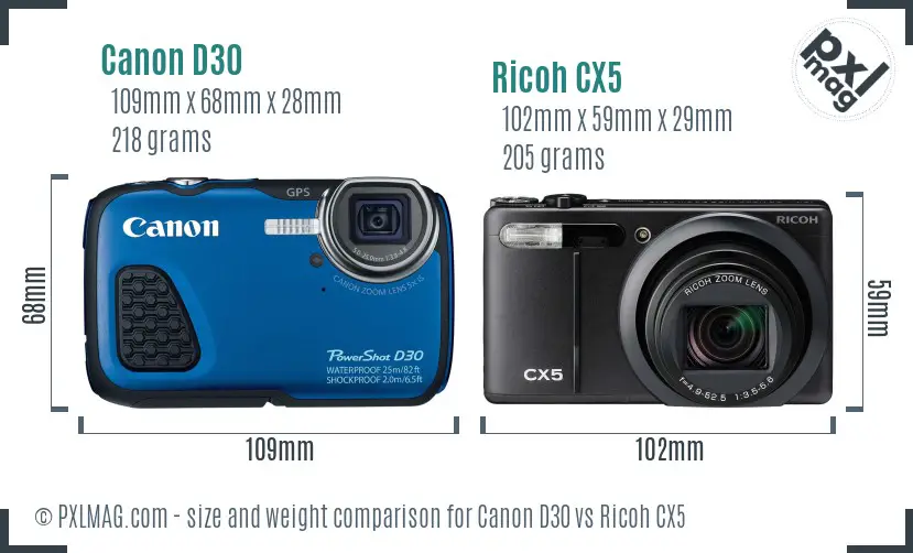 Canon D30 vs Ricoh CX5 size comparison