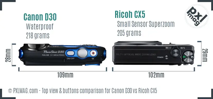 Canon D30 vs Ricoh CX5 top view buttons comparison