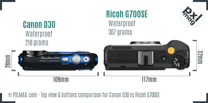 Canon D30 vs Ricoh G700SE top view buttons comparison