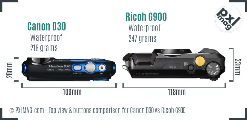 Canon D30 vs Ricoh G900 top view buttons comparison