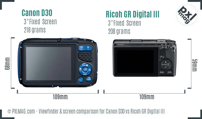 Canon D30 vs Ricoh GR Digital III Screen and Viewfinder comparison