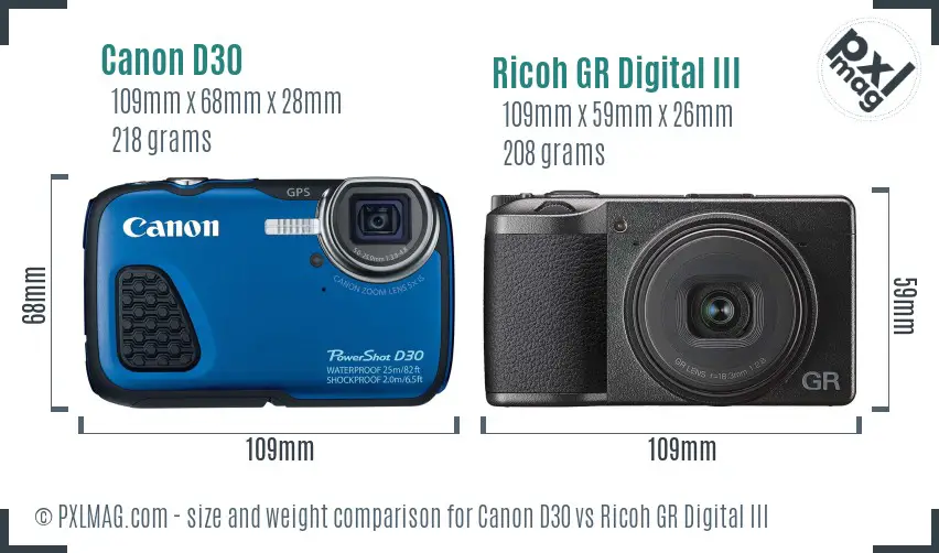 Canon D30 vs Ricoh GR Digital III size comparison