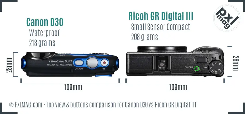 Canon D30 vs Ricoh GR Digital III top view buttons comparison