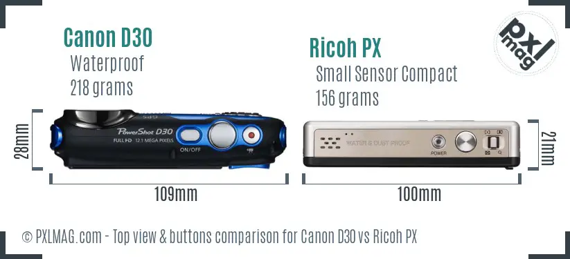 Canon D30 vs Ricoh PX top view buttons comparison Canon D30 vs Ricoh PX top view buttons comparison
