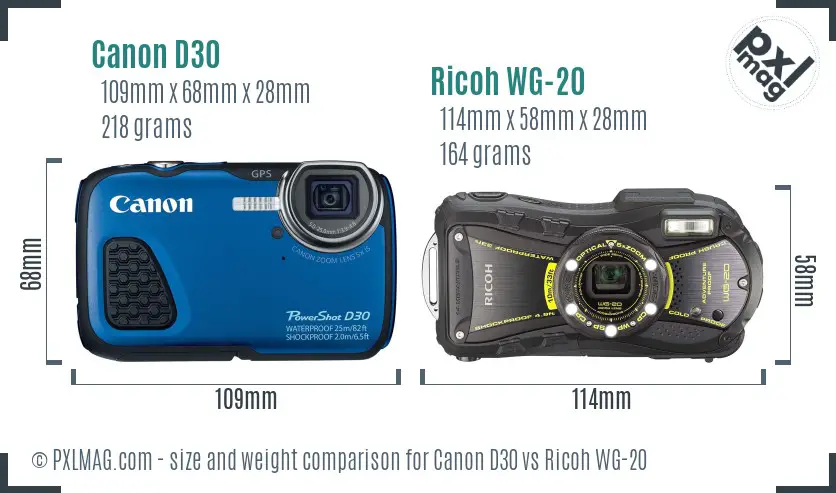 Canon D30 vs Ricoh WG-20 size comparison