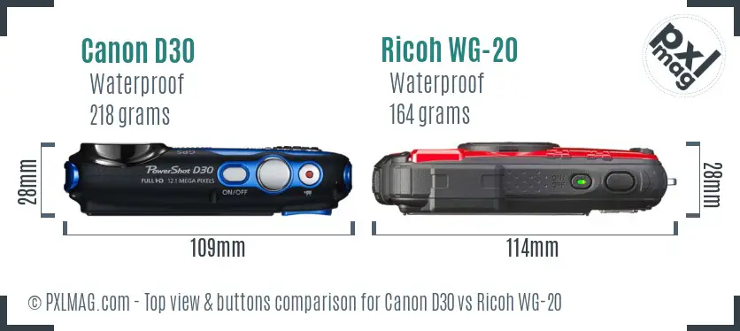 Canon D30 vs Ricoh WG-20 top view buttons comparison