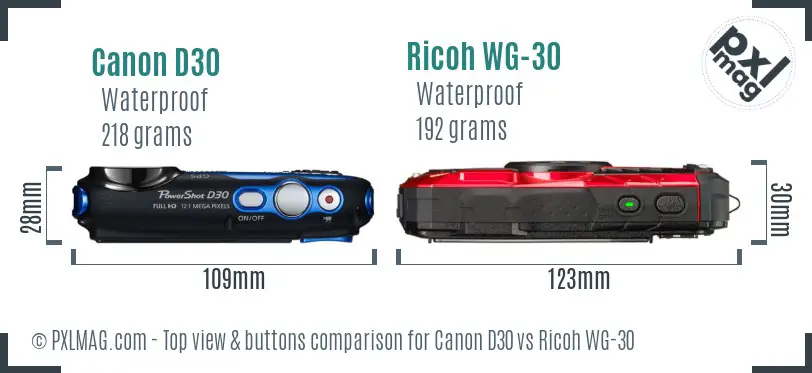 Canon D30 vs Ricoh WG-30 top view buttons comparison