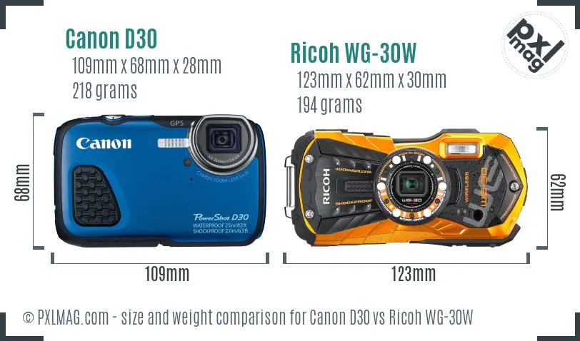 Canon D30 vs Ricoh WG-30W size comparison