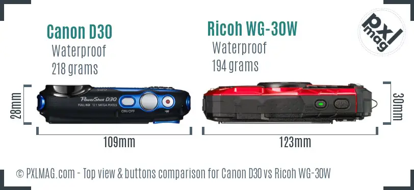 Canon D30 vs Ricoh WG-30W top view buttons comparison