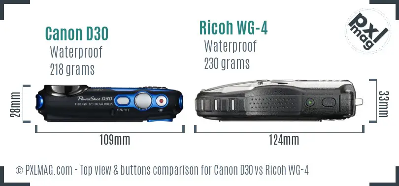 Canon D30 vs Ricoh WG-4 top view buttons comparison