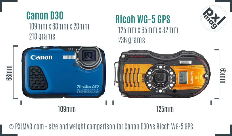 Canon D30 vs Ricoh WG-5 GPS size comparison