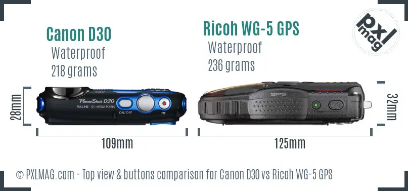 Canon D30 vs Ricoh WG-5 GPS top view buttons comparison