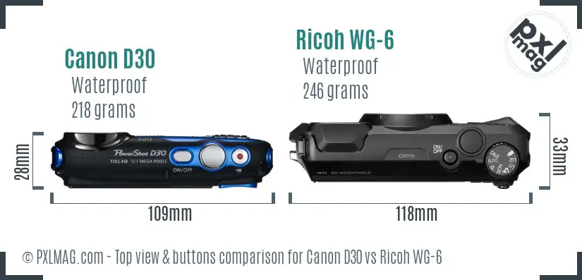 Canon D30 vs Ricoh WG-6 top view buttons comparison