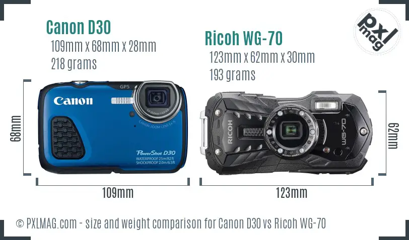 Canon D30 vs Ricoh WG-70 size comparison