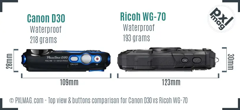 Canon D30 vs Ricoh WG-70 top view buttons comparison
